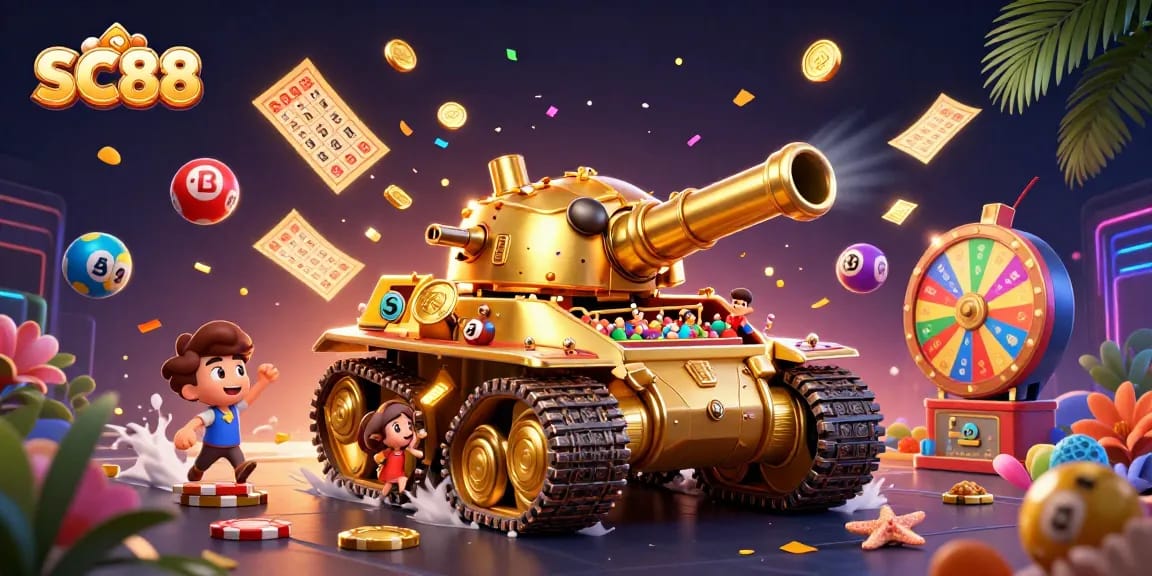 Engage in thrilling gameplay at SC88 with a vibrant illustration showcasing a unique casino tank.
