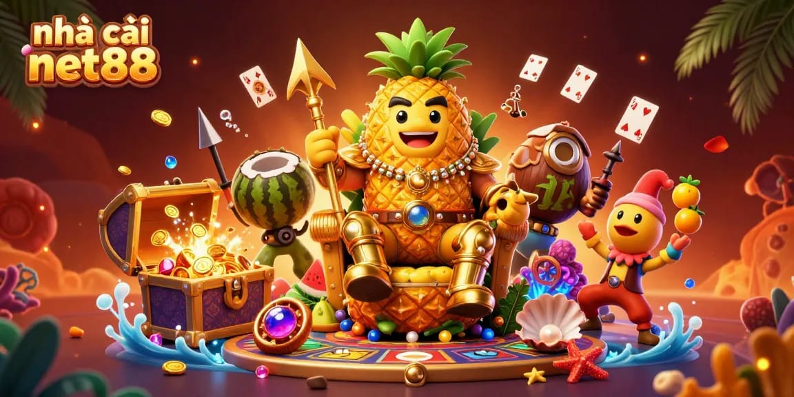 Engage with nhà cái net88 at a vibrant casino scene featuring a pineapple king and lively jester.