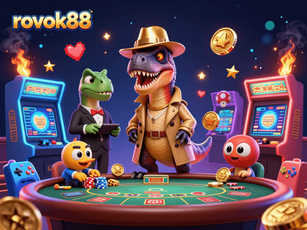 Experience thrilling gameplay with rokok88 at a vibrant 3D casino scene featuring animated dinosaurs.
