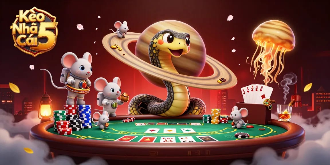 Kèo Nhà Cái 5 highlights a dynamic casino scene with astronauts betting on a roulette-themed Saturn ring.