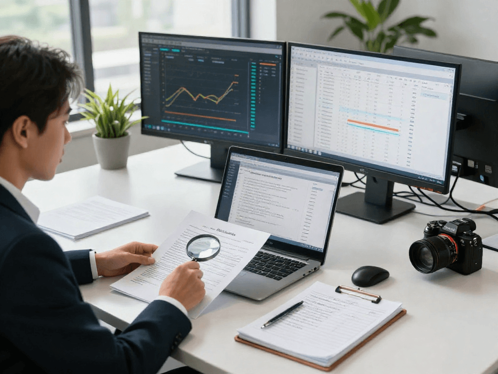 Engaged compliance officer analyzing document fraud detection data in a modern office.