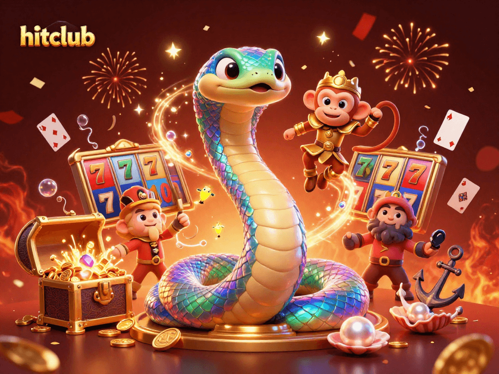 Join the excitement at hitclub with vibrant casino elements and dynamic characters in this 3D illustration.