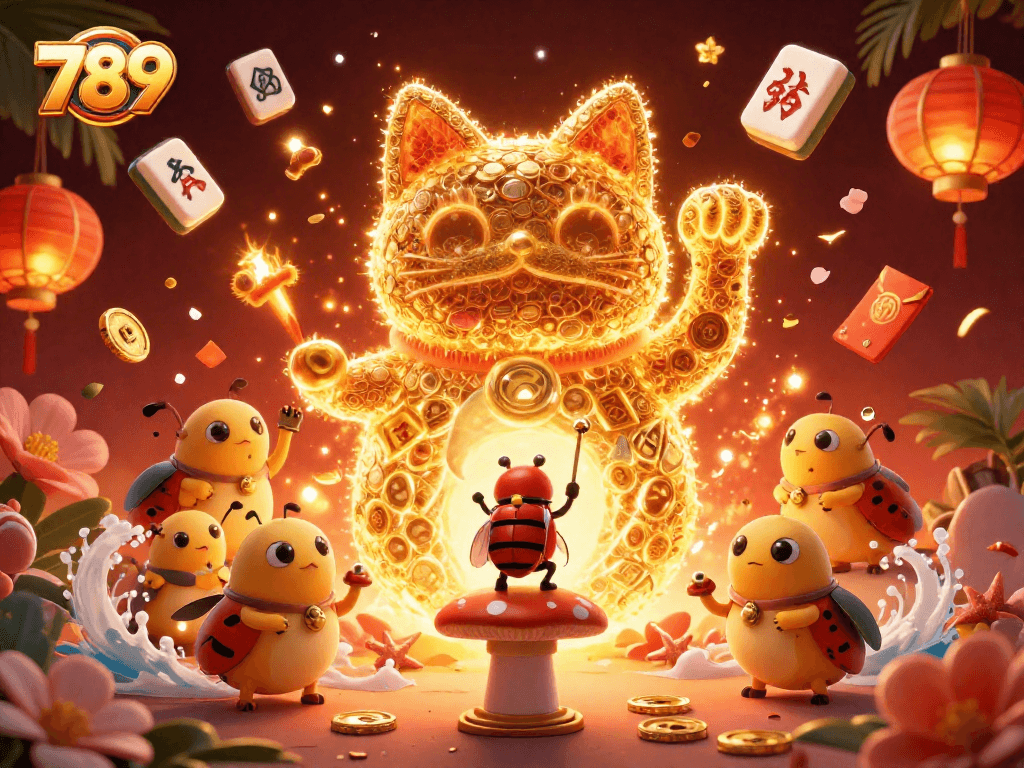 Bet on 789 for exciting wins in vibrant 3D illustration of golden fireflies and lucky cat.
