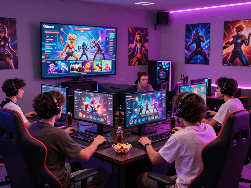 Engaging scene depicting young adults immersed in online sex games, showcasing vibrant graphics and a lively gaming atmosphere.