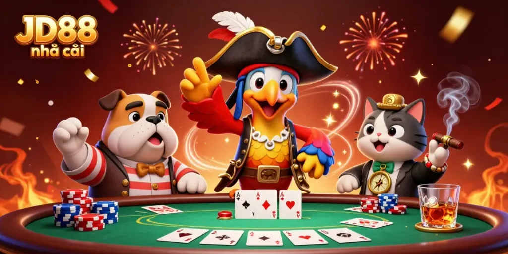Experience the excitement at JD88 nhà cái with vibrant 3D characters and dynamic casino elements.