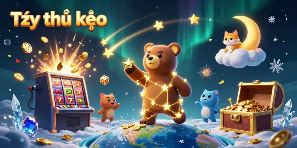 Experience Tỷ lệ kèo with a lively illustration of casino elements and characters celebrating winnings.