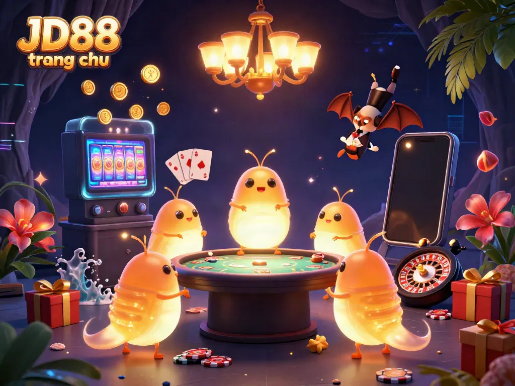 Experience JD88 trang chu with lively glowworms in a bioluminescent casino scene.