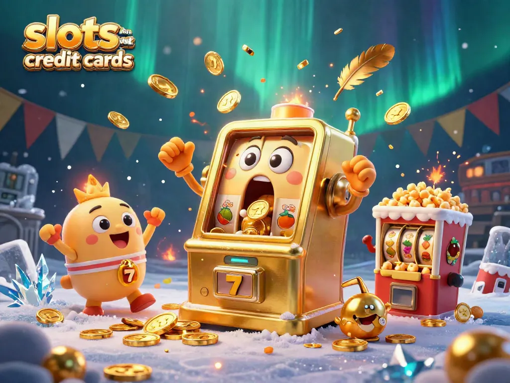 Experience thrilling wins with slots that accept credit cards, featuring lively cartoon slot machines and sparkling coins.