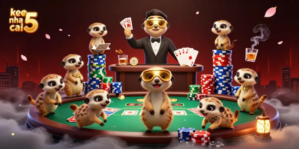 Engage with keo nha cai 5 in a lively casino scene featuring meerkats managing games and action-filled moments.