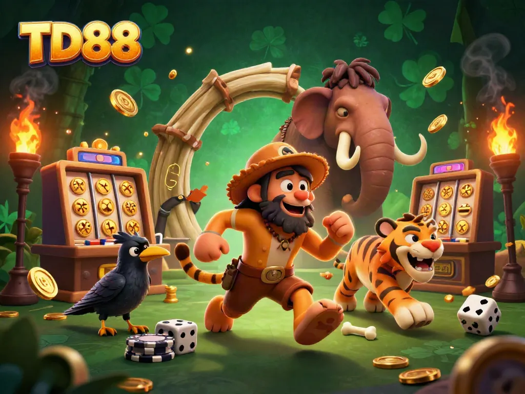 Engage with TD88's thrilling prehistoric casino experience featuring vibrant characters and exciting slot elements.