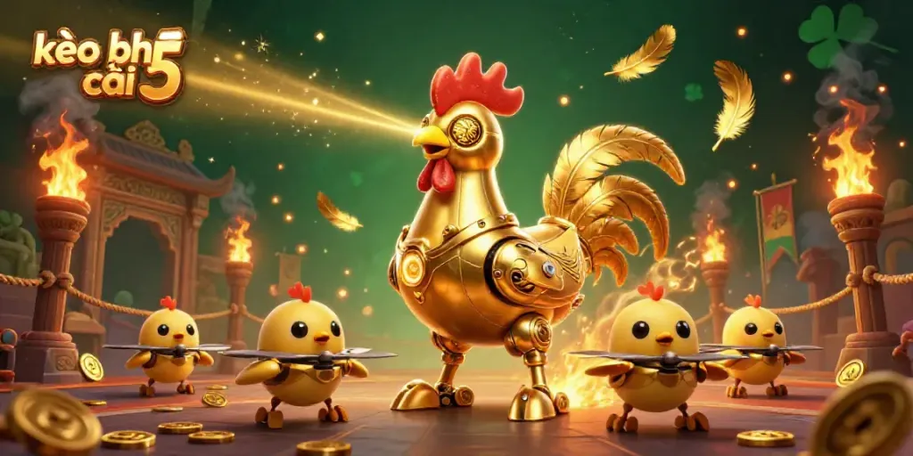 Experience kèo nhà cái 5 with a vibrant scene featuring a retro-futuristic golden rooster robot and baby chick drones amidst dynamic gambling elements.
