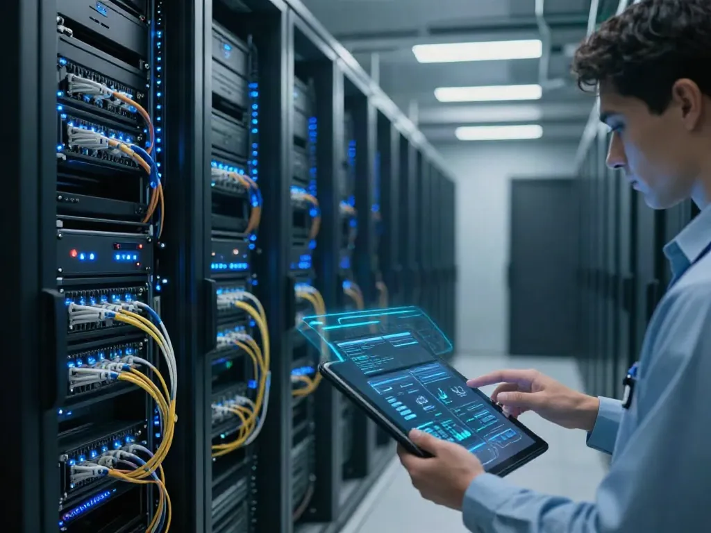 Penetration testing in a modern data center showcasing cybersecurity technology, software development, and cloud computing solutions.