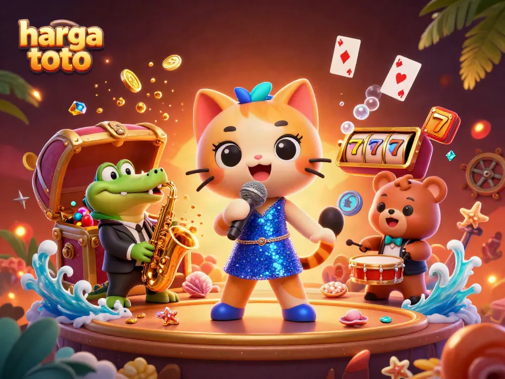 Spin the reels and jackpot win with harga toto, a vibrant casino-themed illustration showcasing lively 3D cartoon characters.