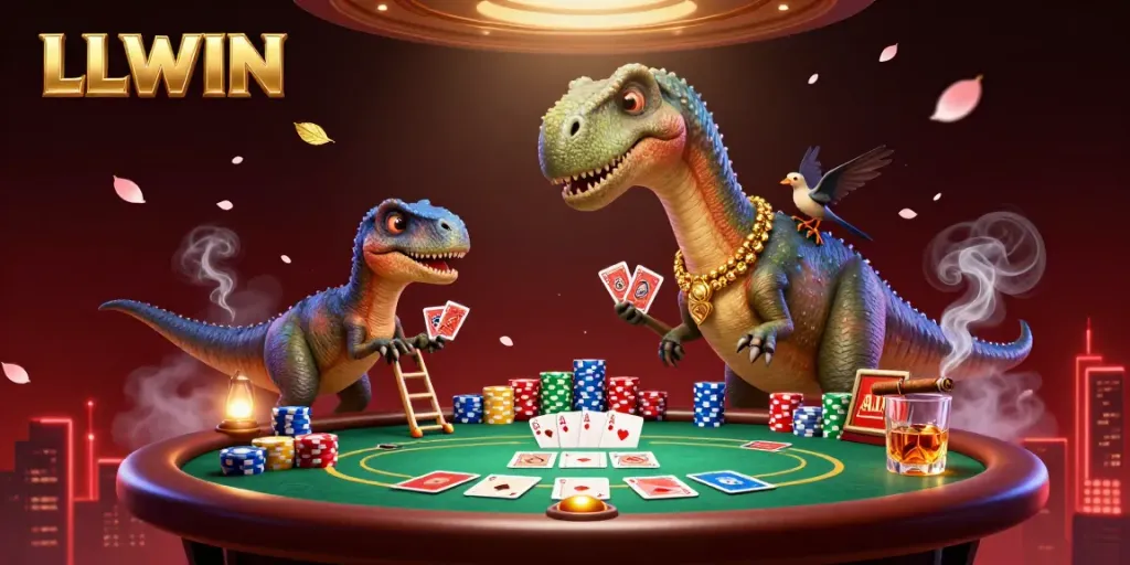 Experience thrilling poker action at LLWIN with a towering dinosaur and dynamic gameplay elements.