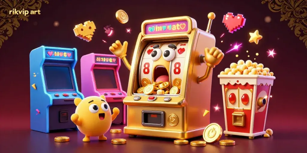 Engage with rikvip art as joyful slot machines celebrate their jackpot in a vibrant casino.