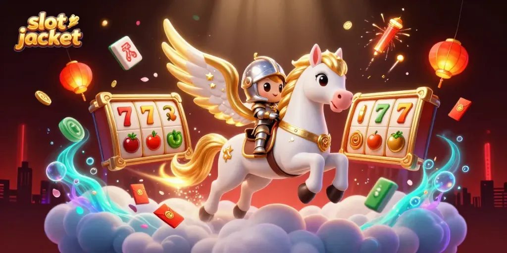 Slot jackpot yang menampilkan kuda putih berperan utama dengan elemen permainan seru di sekitarnya.