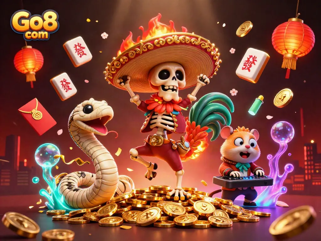Experience the thrilling world of Go8 com, where a skeleton mariachi rooster celebrates winning on golden coins!