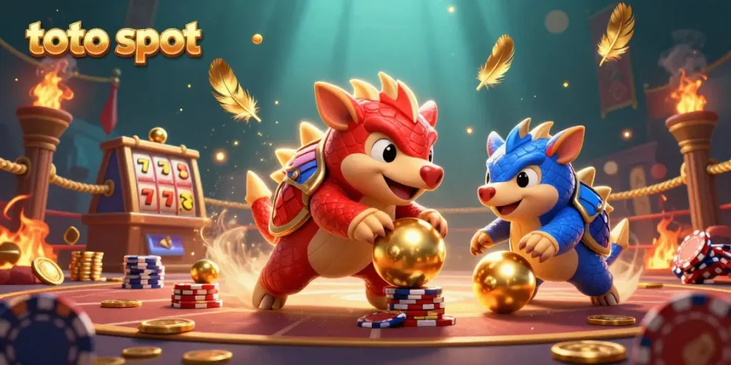 Engage in thrilling toto slot action with rival pangolins competing amid festive gaming elements.