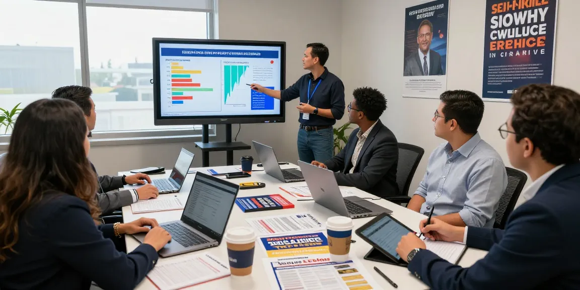 PAC marketing services team discussing campaign strategies in a modern office.