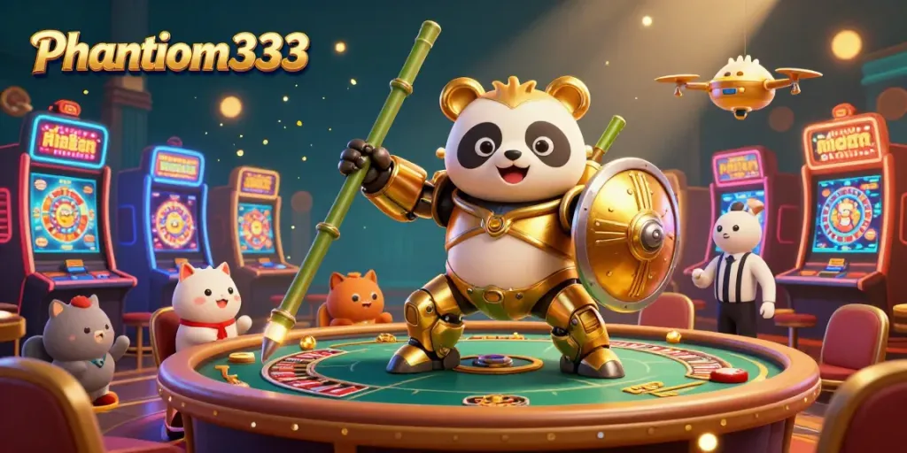 Engage in thrilling gaming adventures with Phantom333 in a lively casino scene featuring dynamic characters.