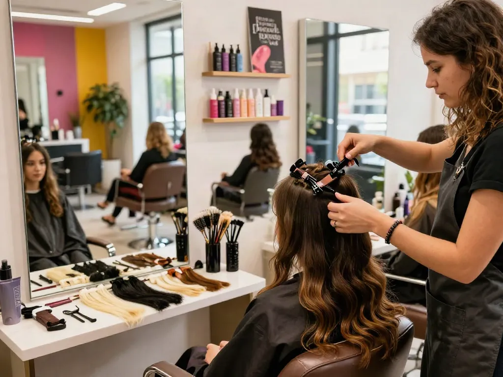 Stylist professionally applying invisible clip in hair extensions human hair in a vibrant urban beauty salon.
