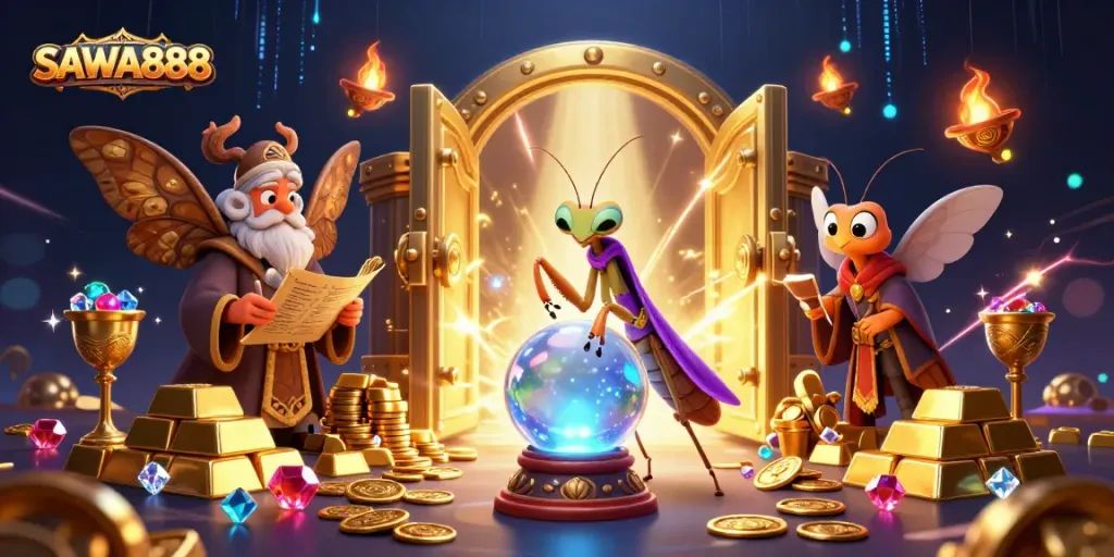 Experience the magic of SAWA888 with a vibrant fortune teller scene full of treasures.