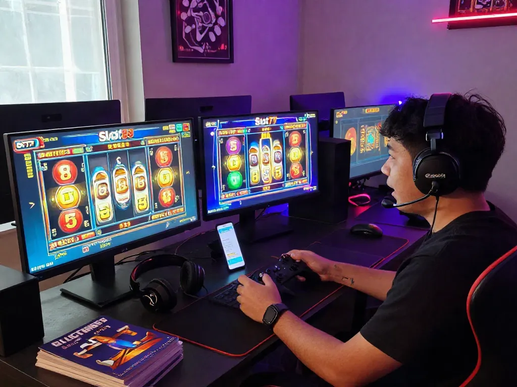 Player engaged in slot gacor gaming at home with vibrant screens and gaming gear.