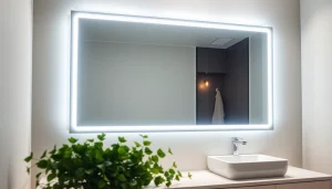 Admiring an elegant led mirror in a modern bathroom setting with ambient lighting.