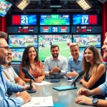 Engaging hosts in a vibrant sports broadcasting studio discussing live games and audience interaction.