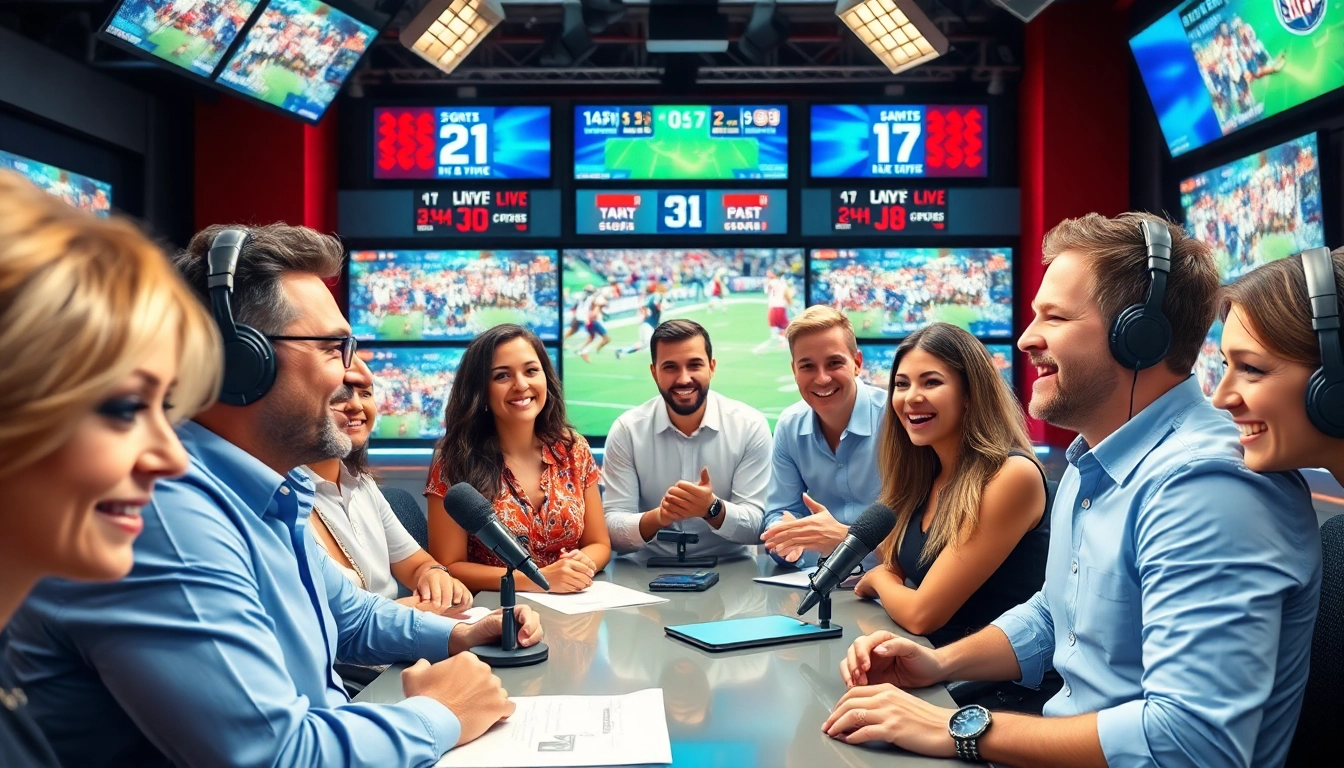 Engaging hosts in a vibrant sports broadcasting studio discussing live games and audience interaction.