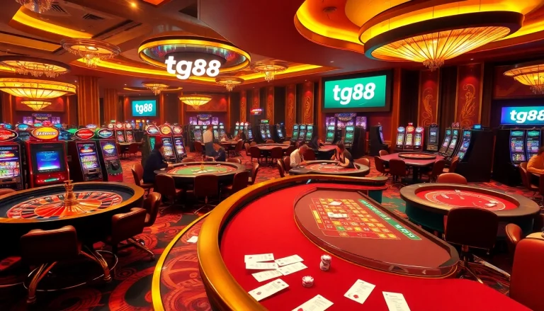 Experience thrilling gameplay at tg88 with poker tables, slot machines, and vibrant casino ambiance.
