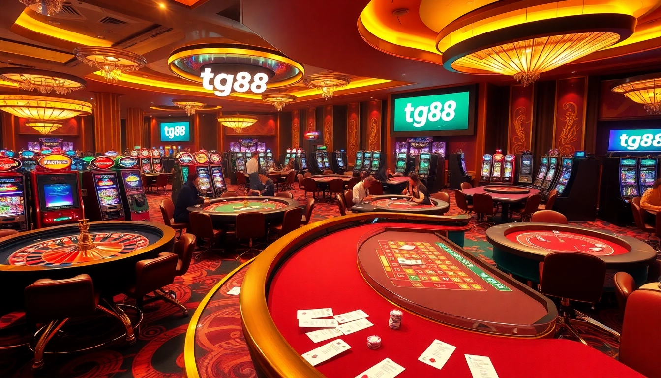 Experience thrilling gameplay at tg88 with poker tables, slot machines, and vibrant casino ambiance.