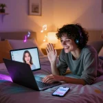 Interactive scene of a user chatting with an AI gf in a cozy bedroom.