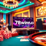 Experience thrilling gameplay at 78winn.co with poker chips and roulette wheels in a vibrant casino.