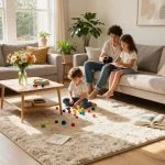 Affordable carpets London showcased in a cozy family living room with children playing and sunlight streaming in.