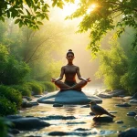 Embracing mental wellness through tranquility in peaceful nature during meditation.
