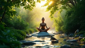 Embracing mental wellness through tranquility in peaceful nature during meditation.