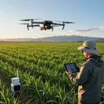 Drone operator using DJI Mavic 3 Multispectral for precision agriculture analysis in expansive fields.