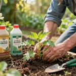 Usando fertilizante para nutrir plantas de jardín exuberantes de forma orgánica.
