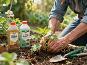 Usando fertilizante para nutrir plantas de jardín exuberantes de forma orgánica.