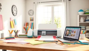 Cricut for beginners crafting workspace with vibrant tools and Cricut machine.