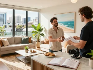 Airbnb management Sydney scene welcoming guests in a stylish apartment showcasing expert host Antoun and vibrant decor.