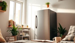 A modern dorm room fridge enhanced with stylish decor, perfect for student living.