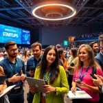Gathering at a startup innovation conference, diverse discussions on technology and entrepreneurship.