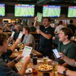 Engaged sports betting fans cheering with FC88 slips at a bustling sports bar during a live game.