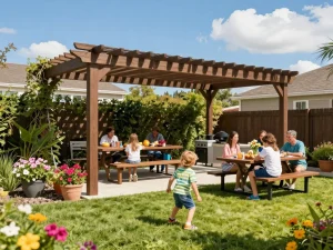 Custom pergola configurator creating a bright outdoor living space with a joyful family gathering
