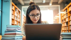 Pay someone to take TOEFL exam while a focused student studies in a bright library.