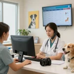 AI receptionist for clinics managing pet appointments in a bright veterinary clinic setting.