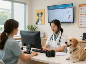 AI receptionist for clinics managing pet appointments in a bright veterinary clinic setting.