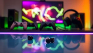 Experience immersive sound with the PRO60 Gaming Earbuds on a modern gaming desk.